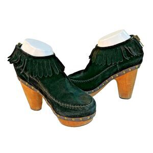 FLOGG Women’s 7.5 Suede Booties Platform Wood Heel Black Fringe Studded